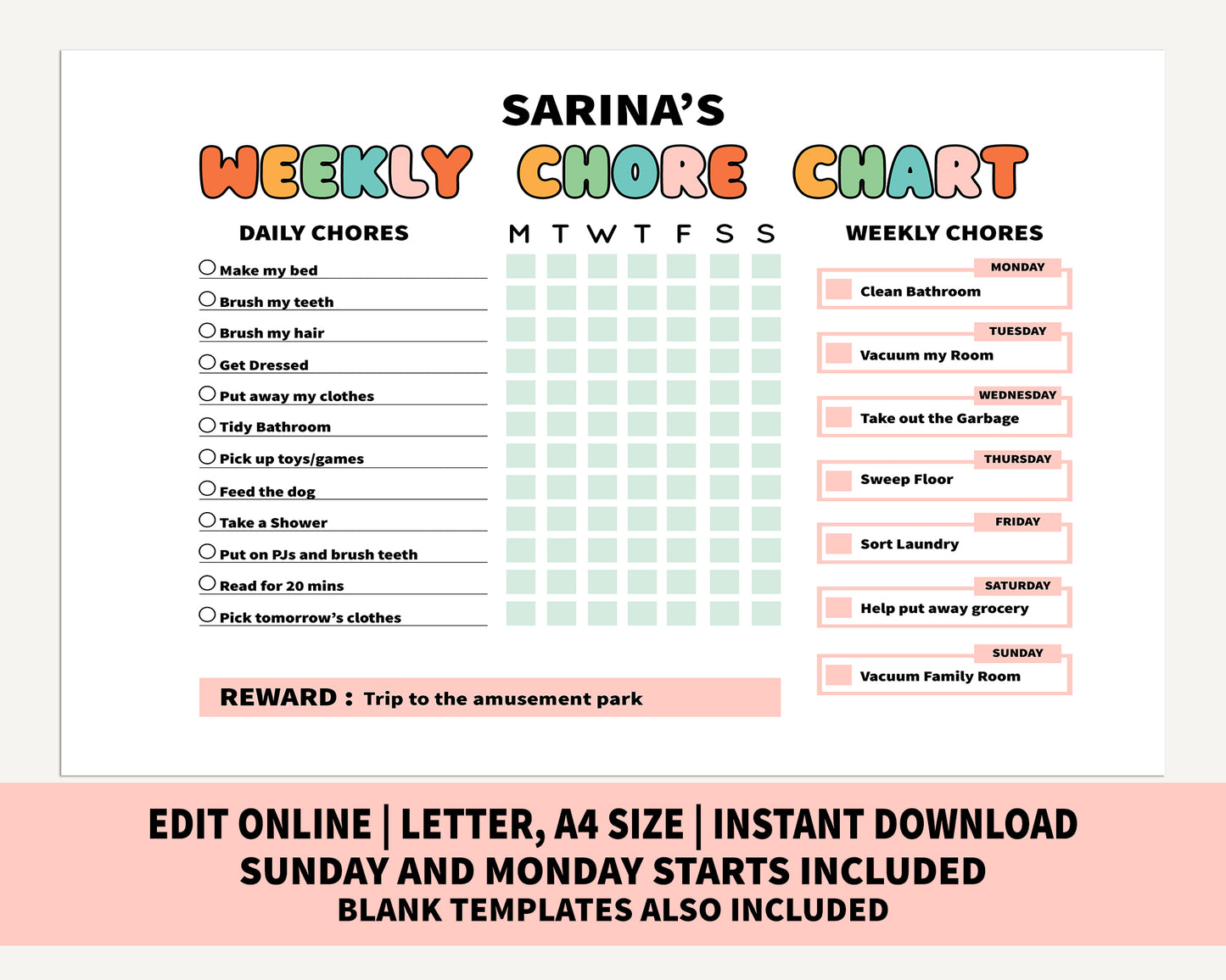 Kids Weekly Chore Chart