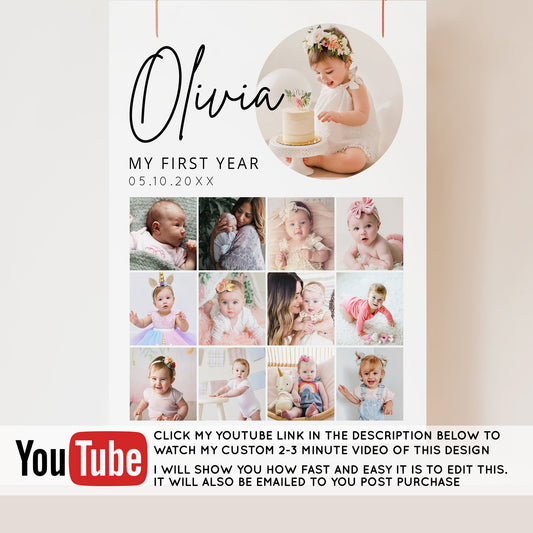 a baby's first year announcement with a picture of a baby